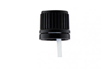 Black ribbed cap DIN18 with a tamper evident ring and a dropper insert