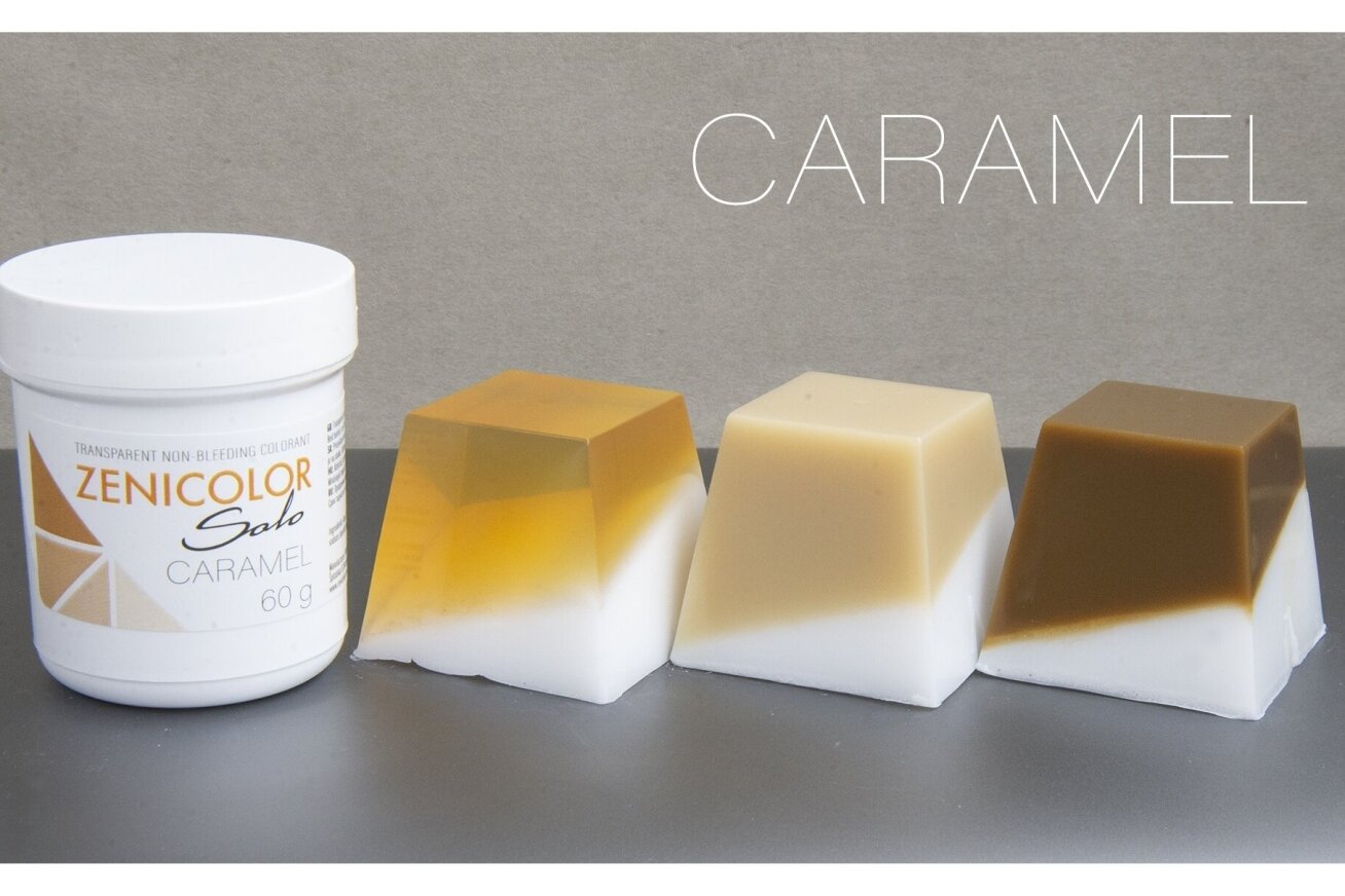 Caurspīdīgas neizplūstošas “izkausē un ielej” krāsvielas ziepju bāzei ZENICOLOR SOLO Caramel 60g