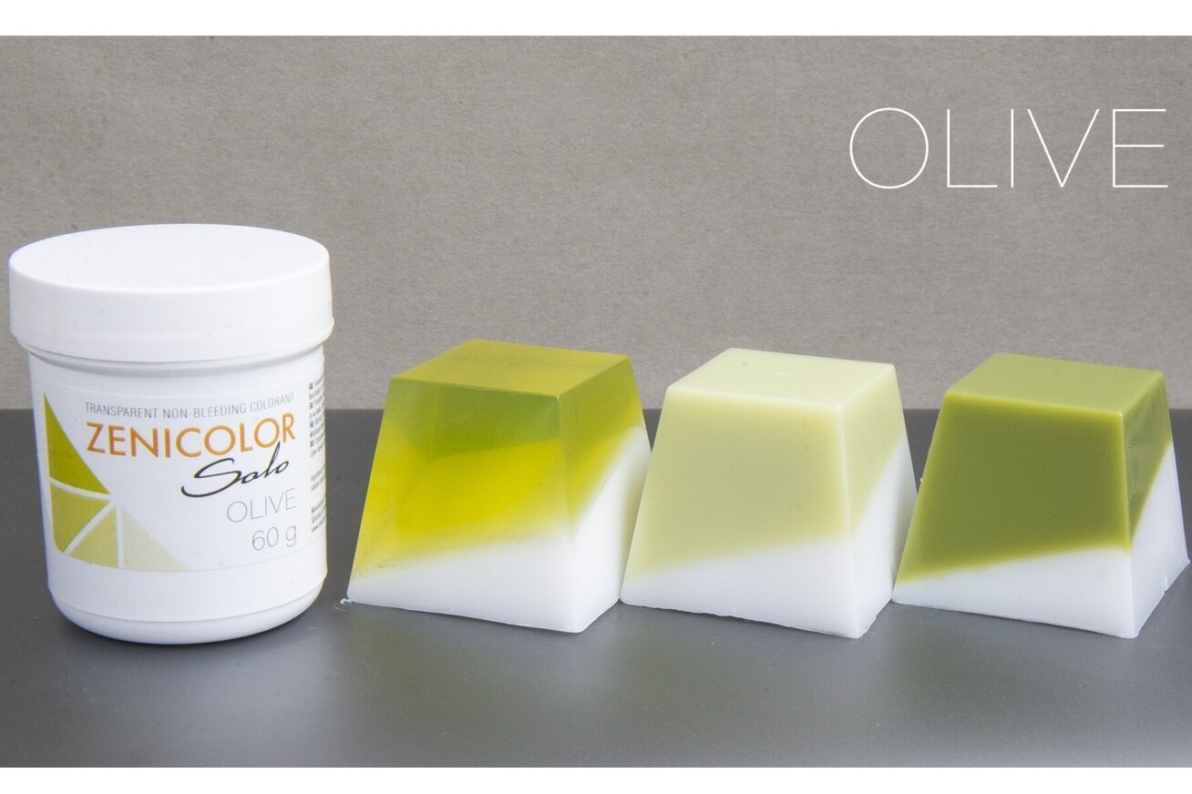 Caurspīdīgas neizplūstošas “izkausē un ielej” krāsvielas ziepju bāzei ZENICOLOR SOLO Olive 60 g