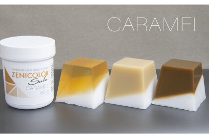 Caurspīdīgas neizplūstošas “izkausē un ielej” krāsvielas ziepju bāzei ZENICOLOR SOLO Caramel 60g Caurspīdīgas neizplūstošas “izkausē un ielej” krāsvielas ziepju bāzei ZENICOLOR SOLO Caramel 60g