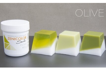 Caurspīdīgas neizplūstošas “izkausē un ielej” krāsvielas ziepju bāzei ZENICOLOR SOLO Olive 60 g Caurspīdīgas neizplūstošas “izkausē un ielej” krāsvielas ziepju bāzei ZENICOLOR SOLO Olive 60 g